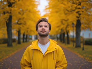 Obraz premium Young man wearing a bright yellow jacket stands in a picturesque autumn park, surrounded by vibrant yellow trees, gazing upwards with a sense of wonder and tranquility