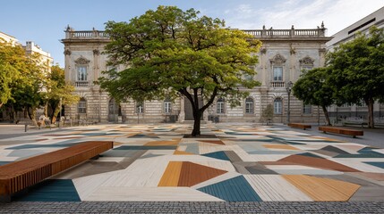 Public square with patterned ground and large tree before an ornate building