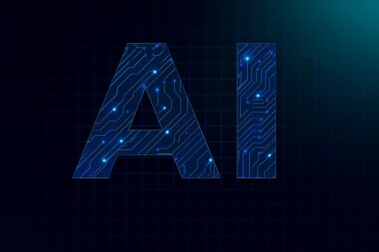 Futuristic ai text rendered with glowing blue circuit board patterns and digital data streams on a dark background
