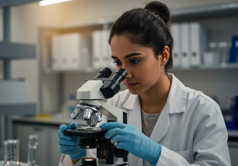 Focused Woman Scientist Using Microscope in Lab Wearing Blue Gloves