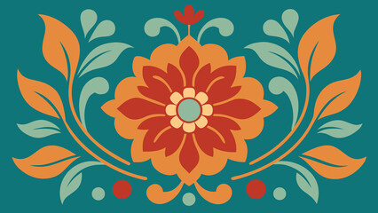 Teal Blue Folk Art Floral Design with Orange and Red Accents abstract background