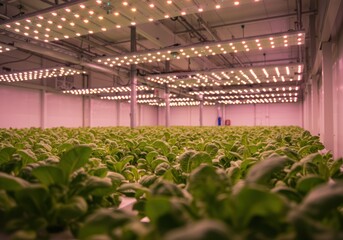 Green Leafy Plants Growing in Indoor Vertical Farm with Pink Lighting