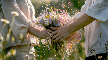Couple Sharing a Bouquet in Dreamy Celebration