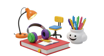 3d colorful desk setup with lamp headphones and art supplies