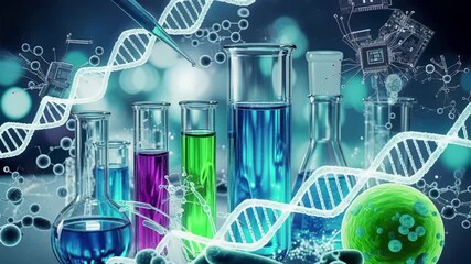 Laboratory glassware with colorful chemical solutions and dna helix structures. Scientific research biotechnology concept with molecular diagrams and genetic analysis equipment. - Powered by Adobe