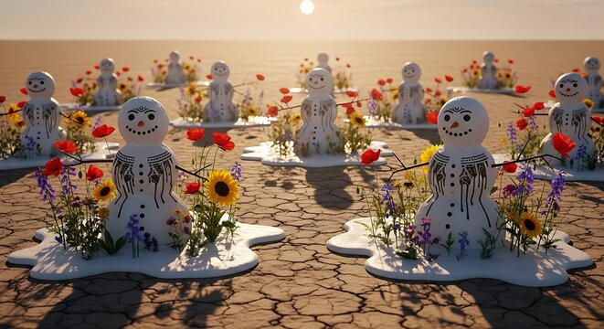 Whimsical day of the dead altar with colorful flowers and melting candle figures creating a festive and spiritual atmosphere