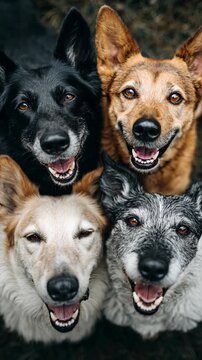 Four dogs are standing in a row, all with different colors and sizes. They are all smiling and looking at the camera, creating a happy and friendly atmosphere