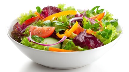 Fresh salad with mixed greens, tomatoes, cucumbers, bell peppers, and red onion isolated on white background