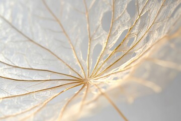 Dried leaf skeleton showcasing intricate details against a soft background with natural light highlighting its texture