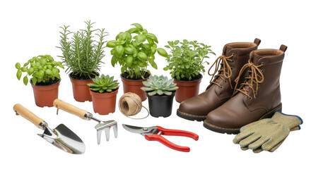 3d gardening tools plants and boots realistic render for commercial use