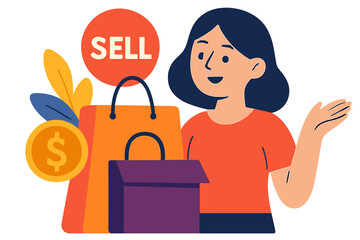 Woman promoting sales with shopping bags and dollar symbol Model deploy