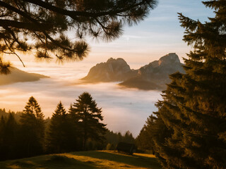 Breathtaking mountain landscape at sunrise with golden light, pine trees, and fog covering the valley. Beautiful nature scene perfect for travel, adventure, outdoor, and inspirational backgrounds.