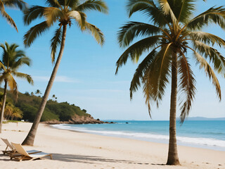 Relaxing tropical beach with tall palm trees, soft white sand, and blue ocean waves under clear sky. Scenic paradise landscape ideal for travel, vacation, summer, and holiday backgrounds.