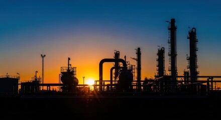 Silhouette of an Oil Refinery at Sunset