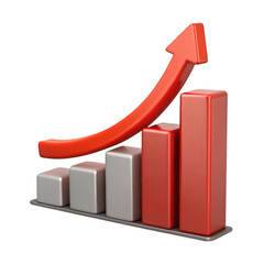 Red arrow curves upward over bar graph isolated on a transparent background plustic chart