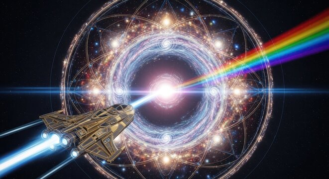 Spaceship Entering a Cosmic Portal - Futuristic Sci-Fi Illustration - Powered by Adobe