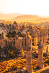 Aerial View of Fairy Chimneys in Love Valley Cappadocia at Golden Hour Sunset © fromsalih
