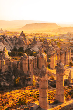 Aerial View of Fairy Chimneys in Love Valley Cappadocia at Golden Hour Sunset