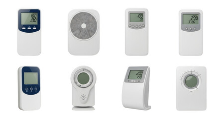 3d collection of modern air conditioner remote controls and units
