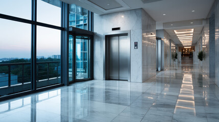 Modern office corridor showcasing glass elevators and marble flooring during early dusk with cityscape in the background