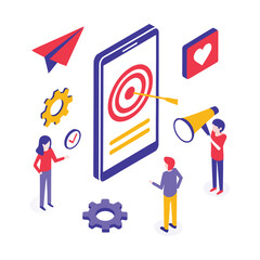 Isometric illustration of a business team collaborating on a mobile phone screen with a target and magnifying glass symbolizing strategy and goal achievement