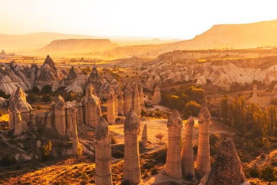 Aerial View of Fairy Chimneys in Love Valley Cappadocia at Golden Hour Sunset