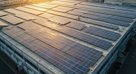 Blue Solar Panels Array on Modern Building Roof at Sunset