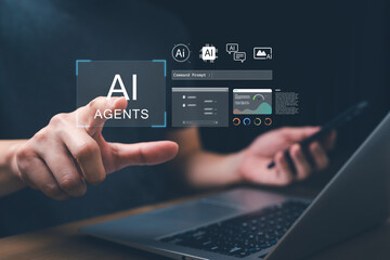 Hand pointing to virtual screen with text AI Agents above laptop, symbolizing artificial intelligence, machine learning, automation, data analysis, smart assistant, and digital business innovation.