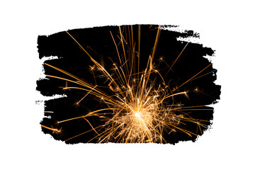 Golden sparks burst from a dark center, painted with a rough brushstroke, isolated on transparent background