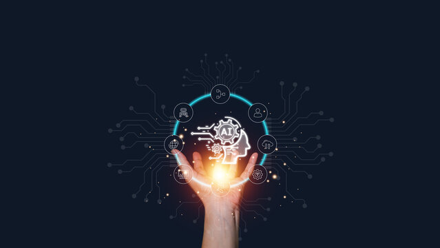 Hand holding holographic AI interface with human head and digital circuit icons. Concept artificial intelligence, machine learning, automation, data innovation, cognitive technology, future business.