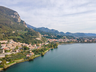 Aerial landscape of Lecco Maggianico Lago di Garlate Lake fall Italian Alps mountains Lombardy