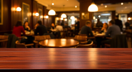 Dark brown wooden table top in focus, blurred restaurant background with warm lighting and people dining, showcasing a product placement scene