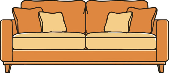 Furniture Vector Illustration of Orange Sofa Couch with Pillows Modern Home Decor Element