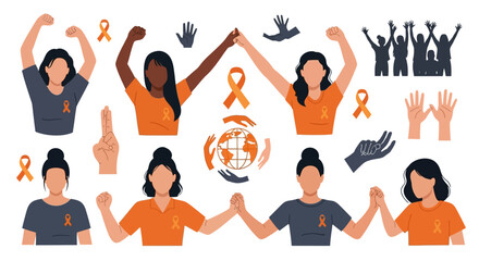 Diverse women united for a cause, raising awareness with orange ribbons and gestures of solidarity.