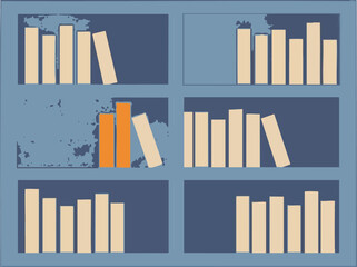 Illustration Vector Bookshelf with Books in Blue and Orange Colors Simple Style