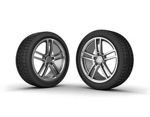 Obraz premium Two car wheels against white background