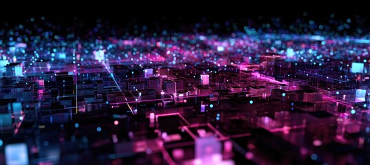 Abstract Digital Cityscape: Neon Lights and Data Streams