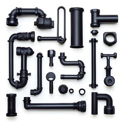 Detailed view of black plumbing pipes with red connectors installed against a white wall