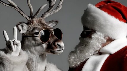 Santa Claus and reindeer in sunglasses posing for the camera. Fun, modern, festive concept. Fashionable Santa and hipster reindeer looking at each other. Christmas, New Year, humor, holiday, fun.