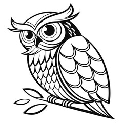owl sitting on a branch, Vector art illustrations, Black & White Vector art Design, Vector art owl, animal Vector art