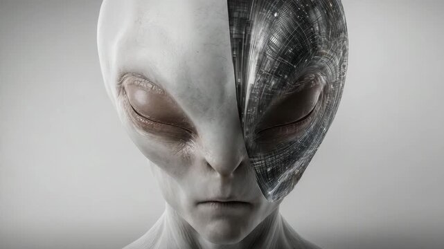 The face of an alien creature, half of which is a cybernetic implant. Science fiction, futurism, artificial intelligence. Extraterrestrial life, cyborgs, aliens, technology, cosmic intelligence.