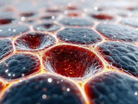 Close-up view of glowing interconnected cellular structure with dark centers and bright edges resembling microscopic biological tissue under high magnification - Powered by Adobe