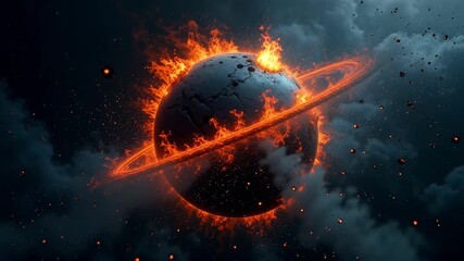 A fiery planet with glowing molten cracks and a burning ring, set against a dark cosmic background
 - Powered by Adobe