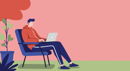 Man working on a laptop outdoors in a casual setting, embodying remote work and flexible lifestyle. Ideal for business, technology, or wellness concepts.