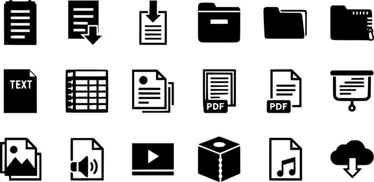 Download file, document, software icons set. Save web document, folder, link, PDF, doc, raw, txt, avi, mp3, mp4, dll 