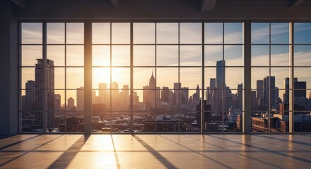 Fototapeta premium New York City Skyline View from Modern Office Window at Sunset
