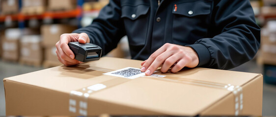 Warehouse worker scanning a box in a warehouse.