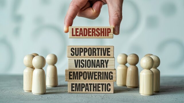 Leadership Qualities:  A hand places a leadership block atop a tower of crucial leadership traits, symbolizing guidance and inspiration within a team.