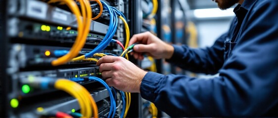 Technician working on network server in data center.