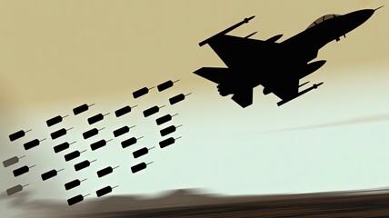 Air Combat Silhouette: A sleek fighter jet silhouetted against a dusky sky, releasing a barrage of missiles, depicting the raw power and decisive action of aerial warfare.